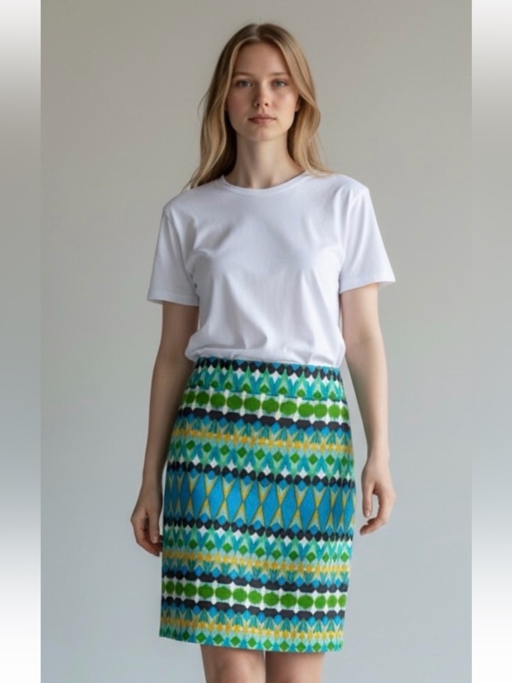 J. Crew Green and Blue Patterned Pencil Skirt